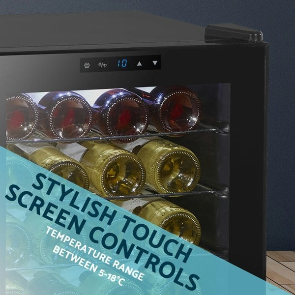 24 Bottle Freestanding Wine Cooler Fridge & Metal Shelves - LED BLACK & GLASS - LoopsDirect