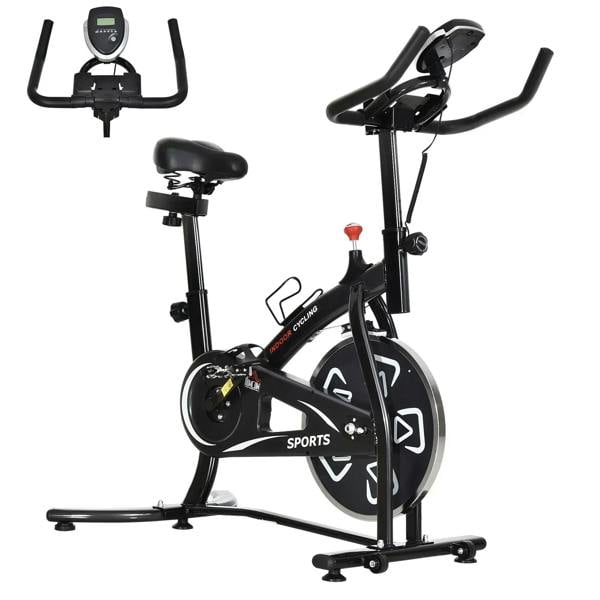 Black indoor stationary exercise bike with seat, handlebars, and LCD monitor