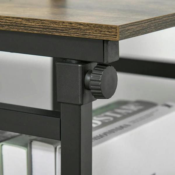 Close-up of rolling caster and metal corner bracket on rustic brown industrial side table