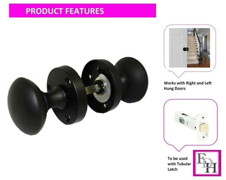 EDH Door Hardware Matt Black Round Door Knob Set Including Tubular Latch - Victorian Style Sprung Internal & External Door Knobs