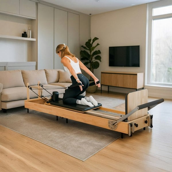 Pilates reformer machine in oak finish, featuring a padded black platform, adjustable straps, and a user performing an exercise in a modern living room