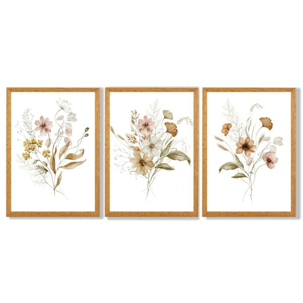 Autumn Wild Flower Bouquets Set of 3 Framed Art Prints with Oak Wooden Frames