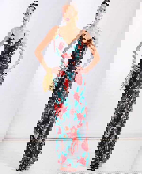 Red Floral Cowl Neck Satin Maxi Dress