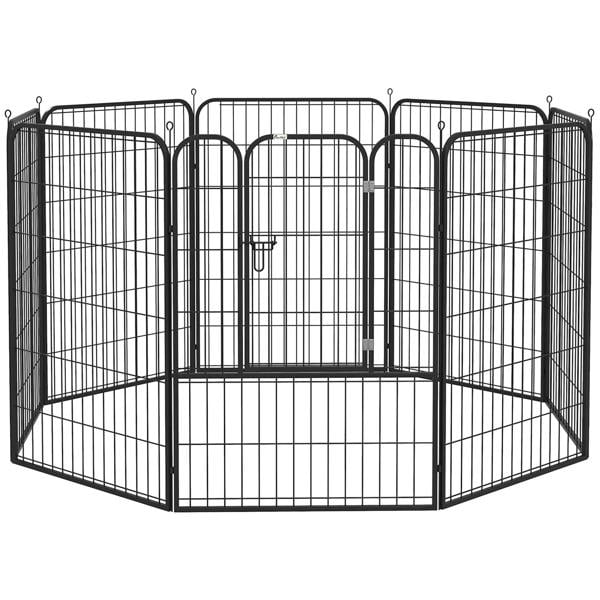 Black 8-panel metal puppy playpen with central gate and latch door.