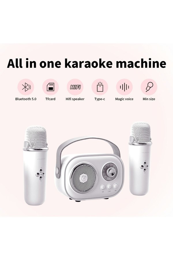 Living and Home Portable Retro bluetooth Karaoke Machine with Wireless Microphones - White