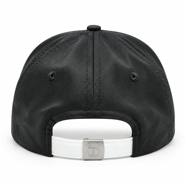 Back view of a black Sergio Tacchini Sentini baseball cap with a white adjustable strap and silver logo buckle.