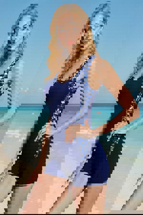 Modishion Sport Style One-Piece Swimsuit with Geometric Side Pattern