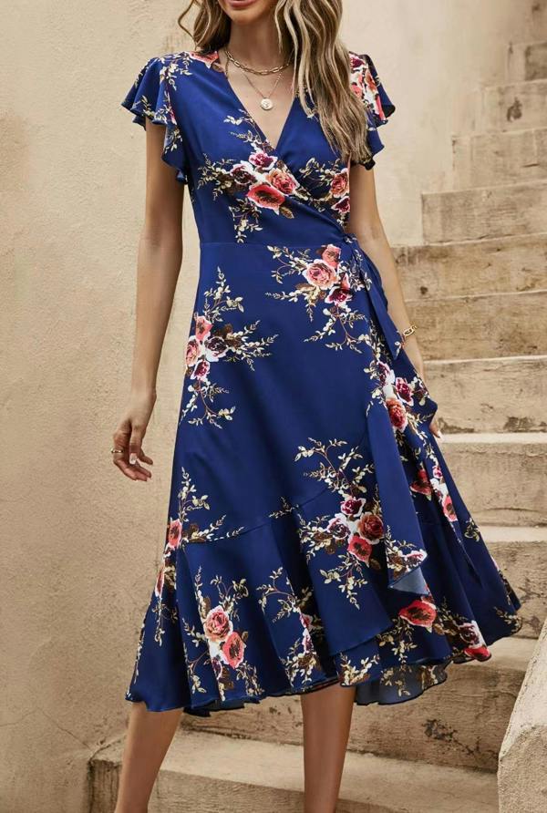 FS Collection Frill Shoulder Sleeve Floral Midi Wrap Dress In Navy