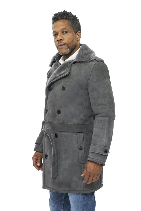 Infinity Leather Mens Shearling Sheepskin Suede Pea Coat-Cali