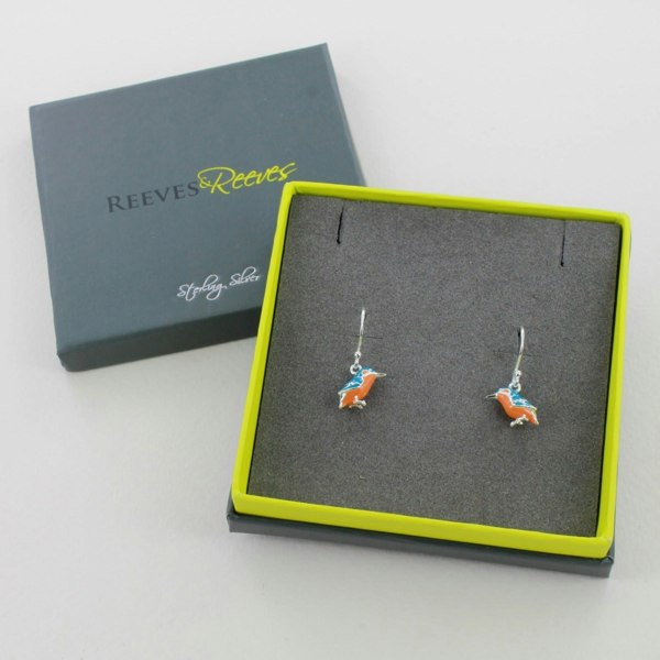 Sterling Silver Enamel Kingfisher Drop Earrings - Reeves & Reeves