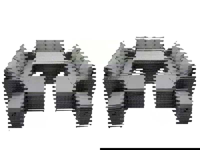 Fimous Rattan Garden Furniture Dining Set 13 seater Patio Height Adjustable Rising Lifting Table Sofa Set with 4 Footstools Dark Grey Mixed