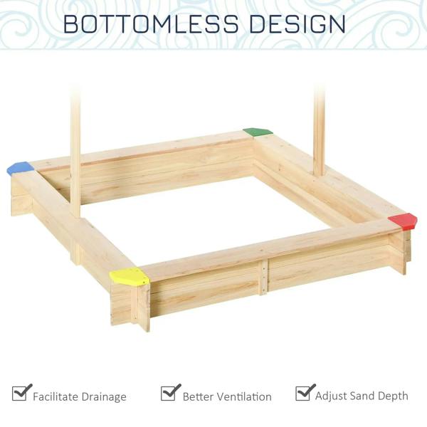 Kids wooden square sand pit with bench seating and open bottomless design