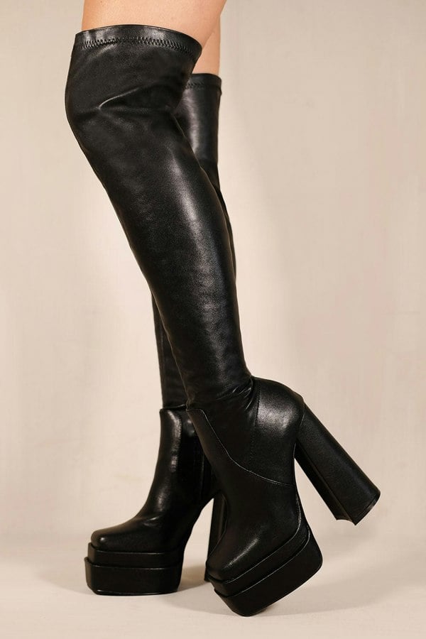 Where's That From Shiloh Block Heel Knee High Stretch Boots With Square Toe in Black Faux Leather