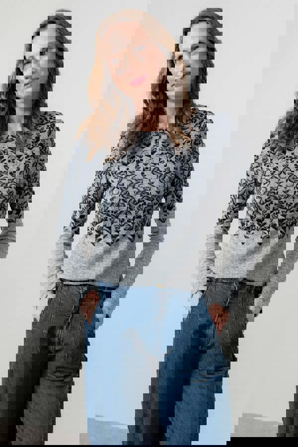 Lily & Me Angela Fair Isle Print Knit Top Grey