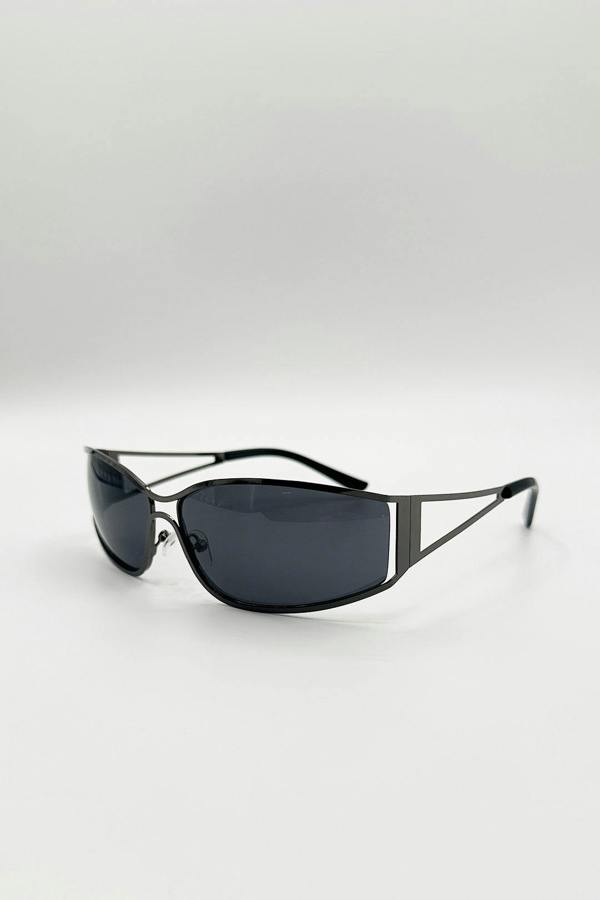 Retangle Wrap Around Metal Sunglasses In Gun Metal - svnx