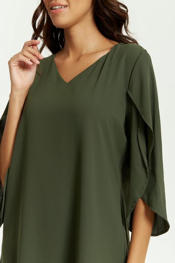 Hoxton Gal Oversized V Neck Detailed Satin Tunic with Split Sleeves in Khaki