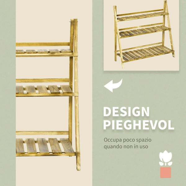 Foldable wooden three-tier plant stand with side ladder frame and slatted shelves, brown.