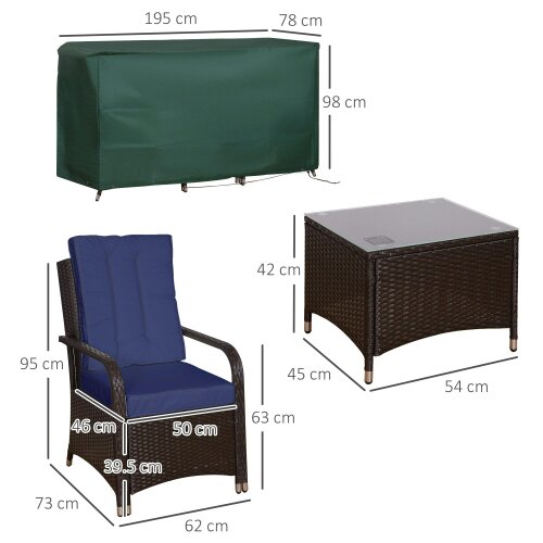 Wyld Haus Rereha Dark Blue Rattan 3 Piece Bistro Set With Glass Table And Protective Cover