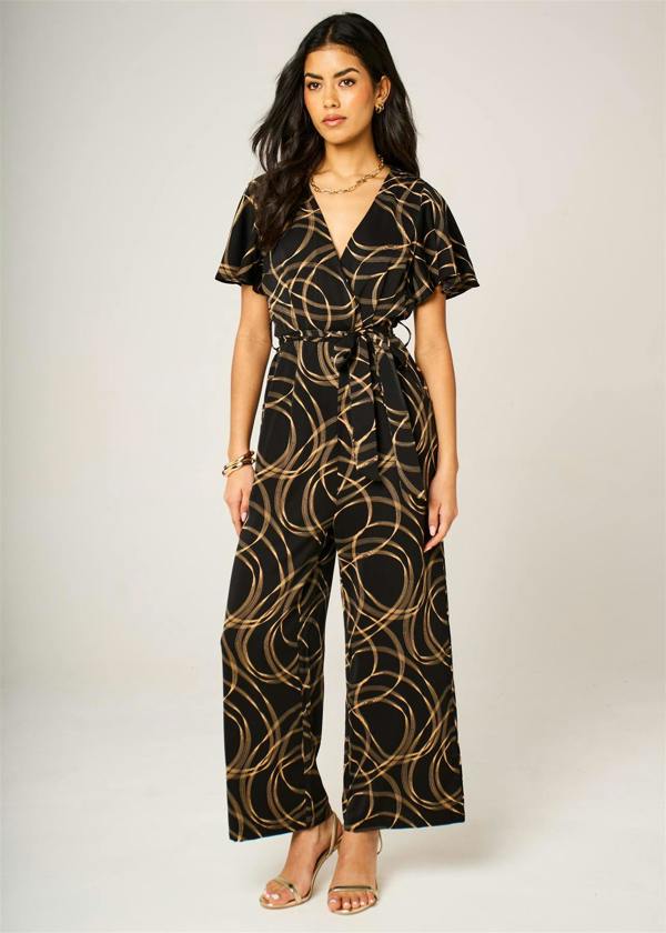 FS Collection Abstract Line Print Wrap Top Jumpsuit In Black