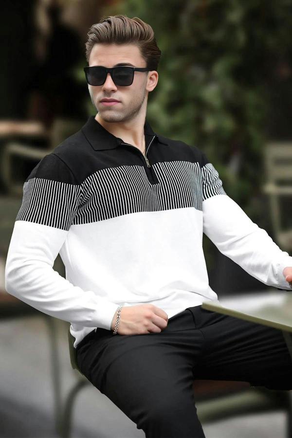 WOVCOR Zipper Collar Color Block Long Sleeve Men's Sweater