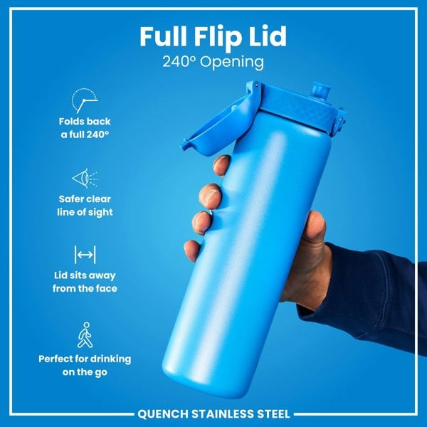 A blue stainless steel water bottle with a full flip lid is being held; its 240° opening is highlighted, showcasing features for safe and convenient on-the-go drinking.