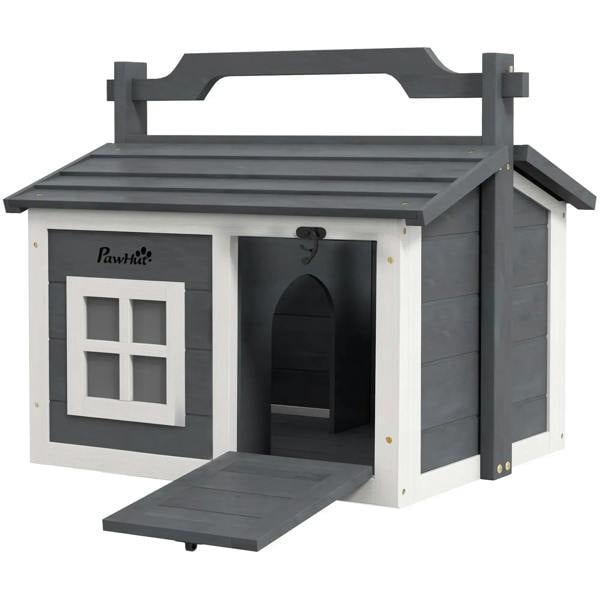 Portable grey rabbit hutch with open entry door and front ramp, white side trim
