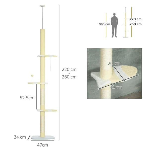 Cream adjustable floor-to-ceiling cat tree with multiple perches and height dimensions.