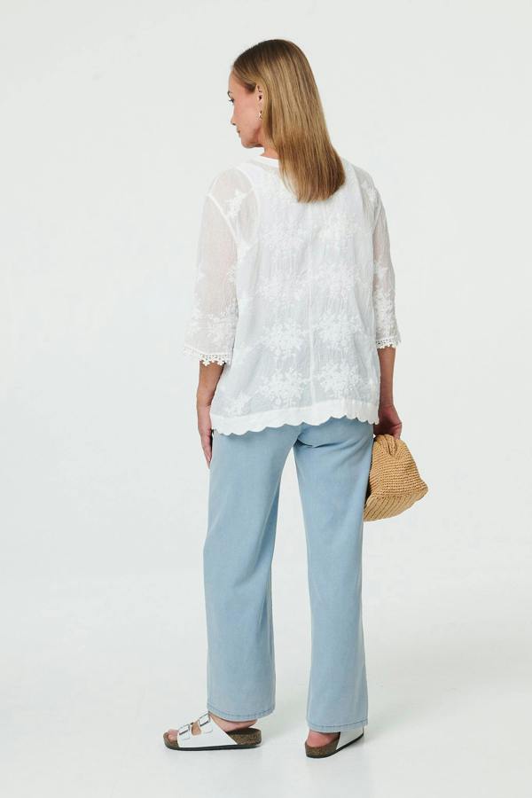 White | Lace Sheer Texture 3/4 Sleeve Blouse