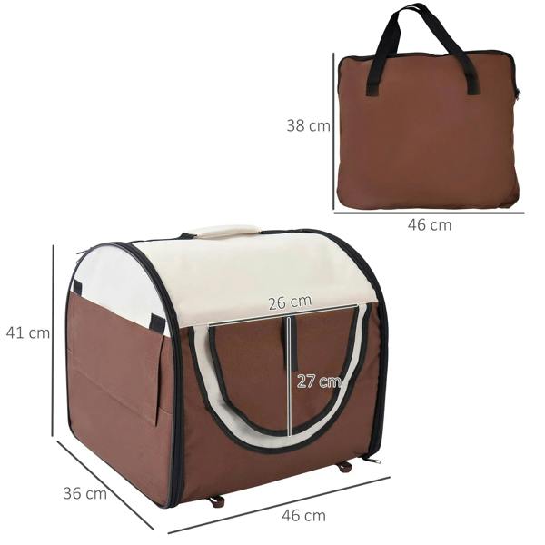 Brown folding pet crate with front door, showing 46 cm and 41 cm dimensions