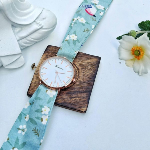 The Colourful Aura Floral Print Changeable Fabric Strap Women Bracelet Wristwatch - Light Blue