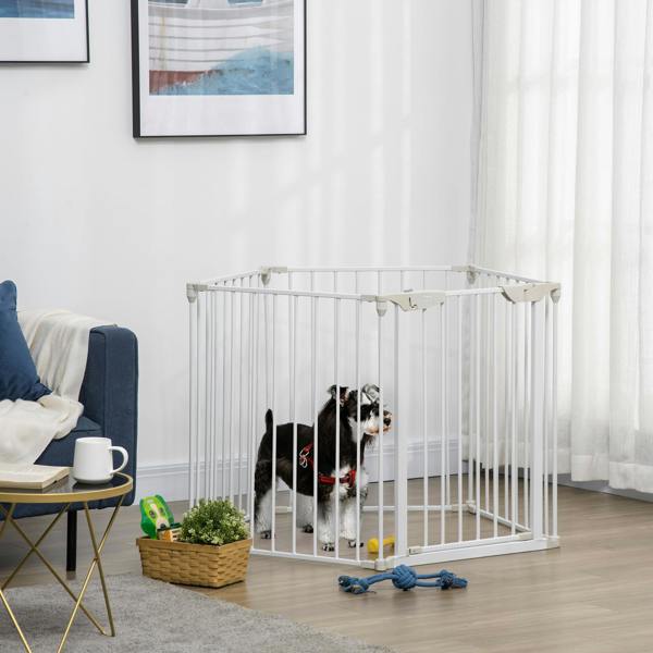 PawHut Pet Safety Gate 5 Panels Playpen Metal Fence w/ Walk Through Door - White