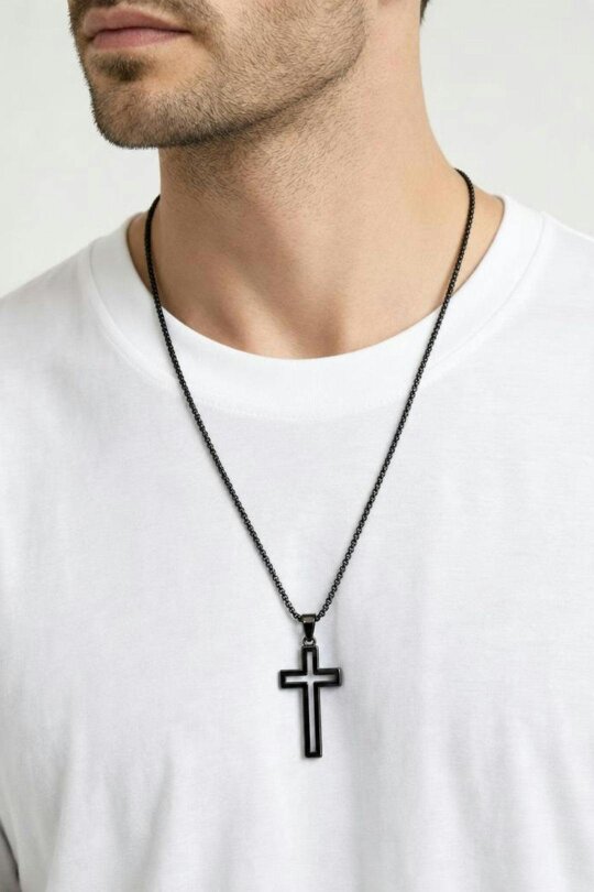 SVNX Hollow Cross Pendant Necklace in Black