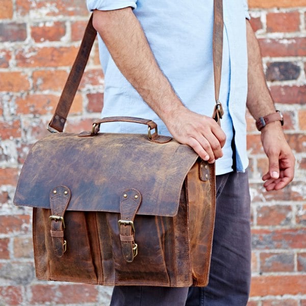 Paper High Brown Buffalo Leather Satchel Style Briefcase
