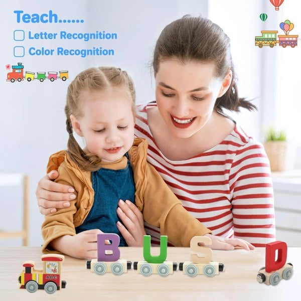 deAO Toys Wooden Alphabet Train Set – 27PCS Magnetic Train Cars A–Z, Montessori Educational Toy for Toddlers 3+, Early Learning & STEM Gift