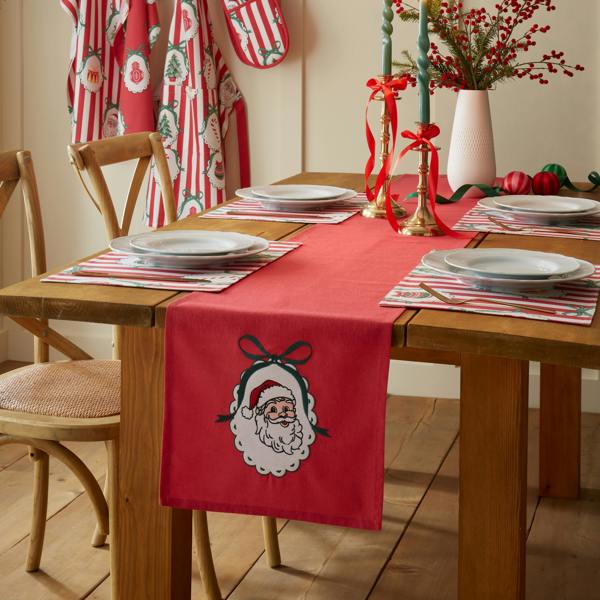 Catherine Lansfield Christmas Vintage Stripe Embroidered Cotton Dining Table Runner Red