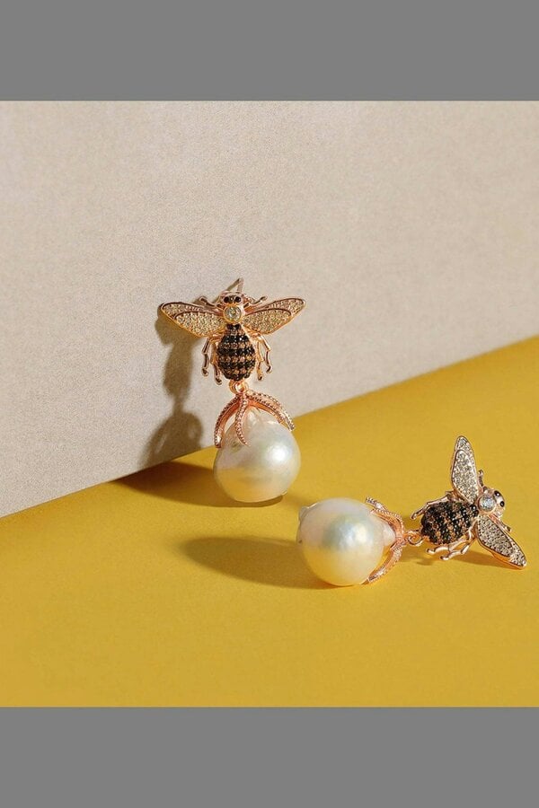 Latelita Baroque Pearl Honey Bee Drop Earrings Silver