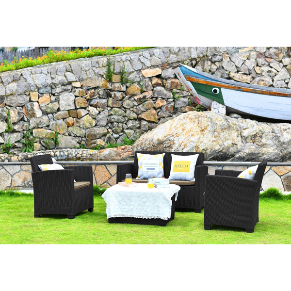 Homeology SANTANA 4 Piece PE Rattan 4-Seater with Cushions Garden Furniture and Coffee Table Set in Black