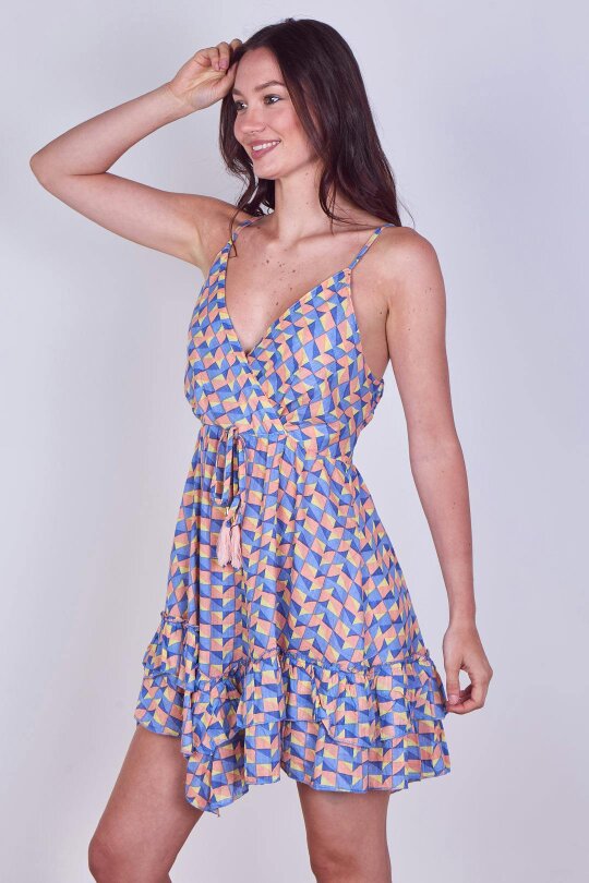 Boho Printed Cotton Mini Dress – Lightweight Summer Strappy Dress - Blue - Onesize (8-14)