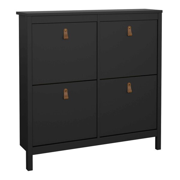 Wyld Haus Wildberry Matt Black Wooden Shoe Cabinet 4 Flip Down Doors Leather Handles