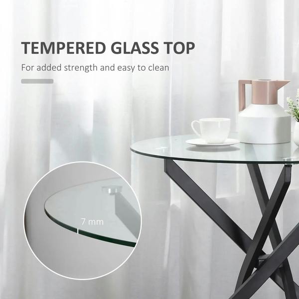 Clear glass tabletop on black metal table frame with strong, thick glass edge