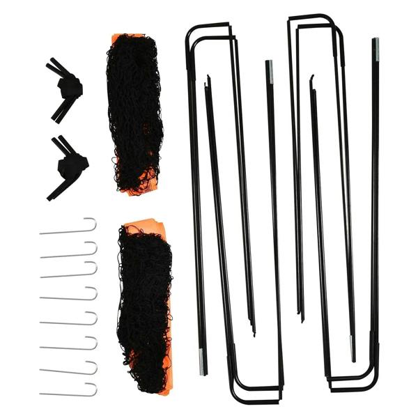 Football goal net hardware: black metal poles, orange-black net panels, hooks