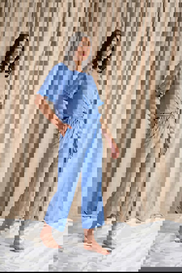Pretty You London Women's Bamboo Frill Tee Trouser Set in Cornflower Blue