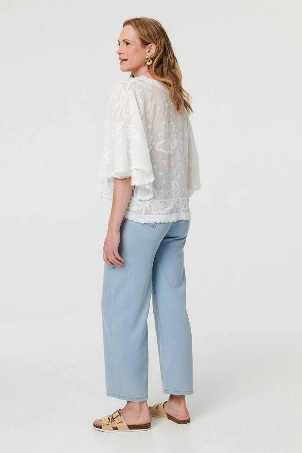 White | Butterfly Textured Lace Trim Blouse