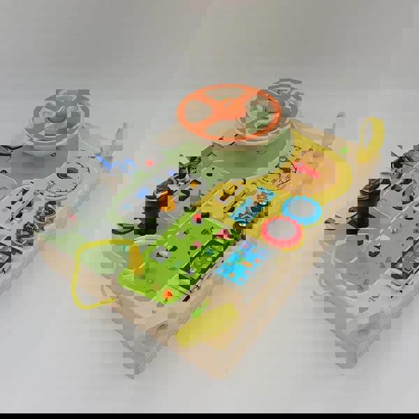 Dyzi Natural Wood Car Driving Steering Wheel Montessori Busy Board with LED Lights, Engine Sounds