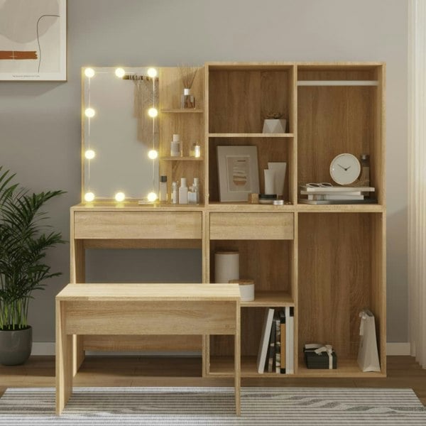 Berkfield Dressing Table Set with LED Sonoma Oak Engineered Wood