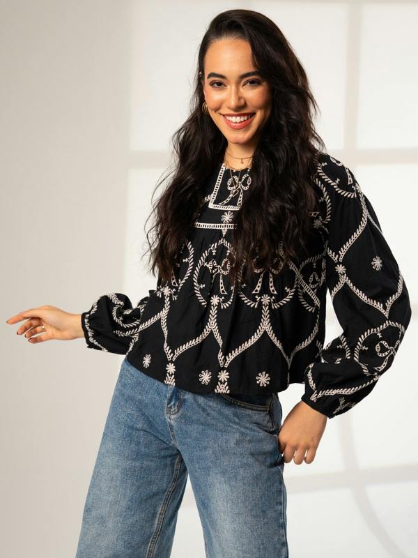 Rose & Nancy Charlie Black and ivory Bow embroidered Long Sleeve Blouse