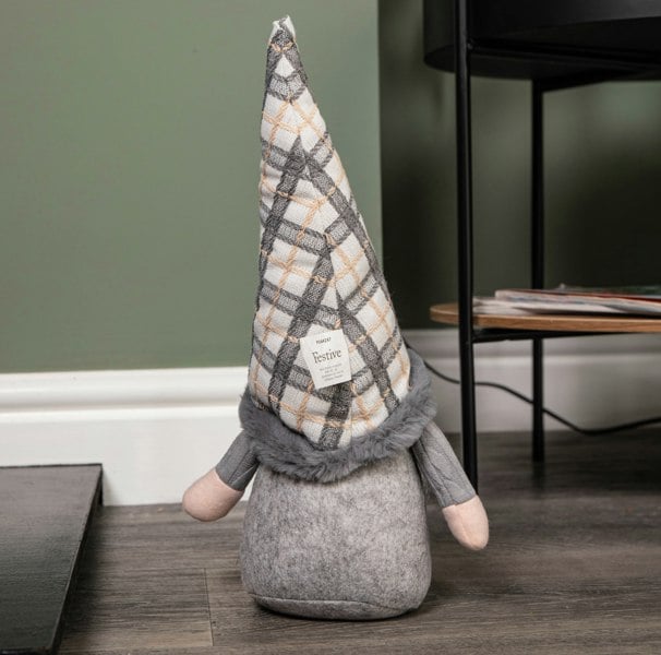 Samuel Alexander 35cm Grey Standing Christmas Gonk Decoration with Tartan Hat