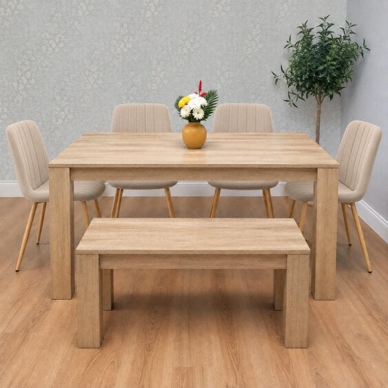 Kosy Koala Rectangular Dining Table Set with 4 Beige Velvet Chairs & Bench, Light Wood-Effect, 117cm