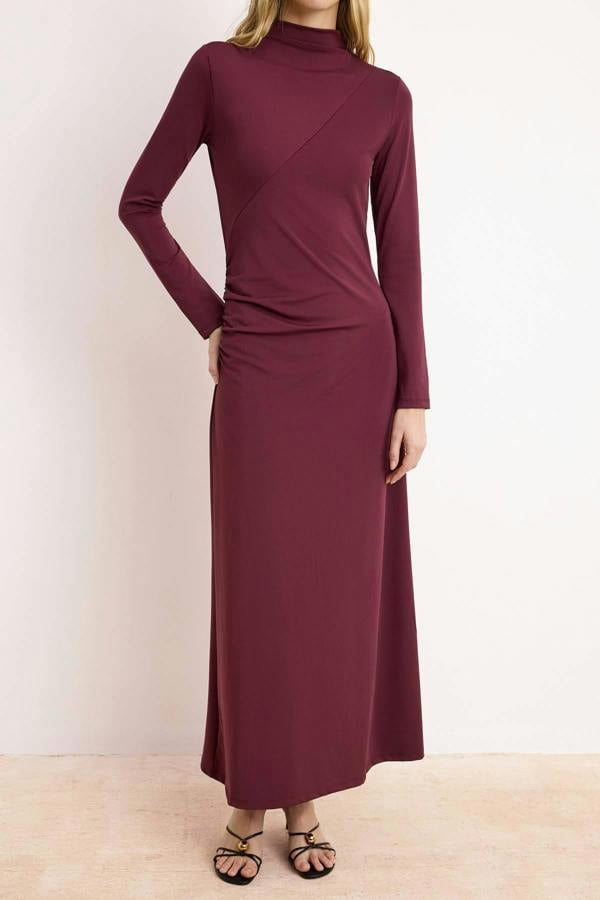 WOVCOR Round Neck Long Sleeve Ruched Detail Bodycon Maxi Dress