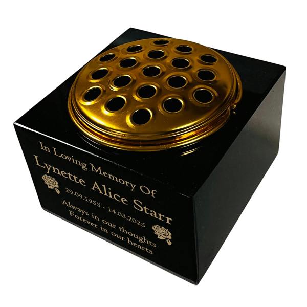 Memorials Direct Granite Memorial Vase with Rose Design, Free Personalised Gold Engraving, Solid Granite 6 x 6 x 4 Inches
